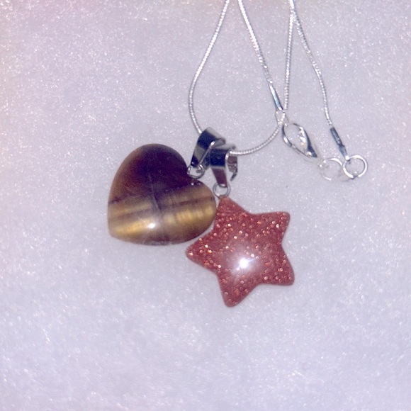 Tigers Eye heart ❤️ and Goldstone Star sterling silver necklace - Picture 1 of 6